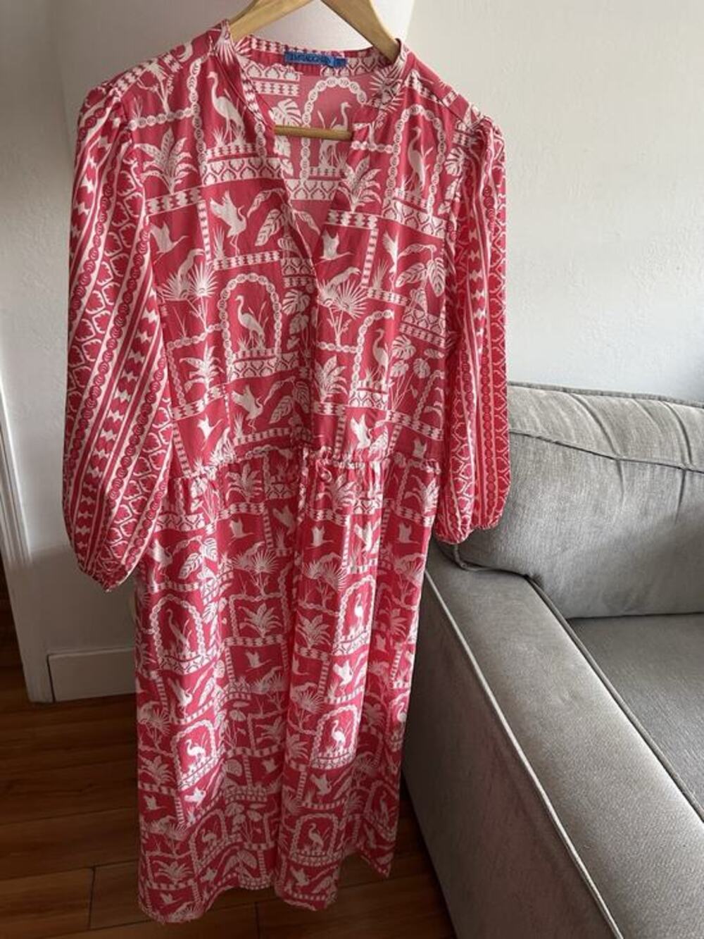 J McLaughlin Cunningham Pink Birds Summer Dress Cotton Size L Cottagecore